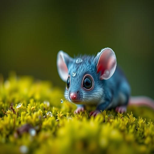 Create a high-resolution image of a whimsical, blue-furred creature resembling a tiny mouse with large, expressive eyes, glistening droplets of water on its fur, surrounded by lush green moss and soft bokeh background, using a DSLR camera with a 50mm lens, aperture set to f/1.8 for a shallow depth of field, ISO 100 for clarity, and a macro shooting style to capture intricate details.