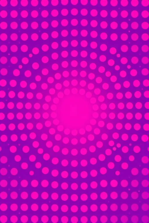 create a vibrant halftone pattern with varying shades of pink and purple dots arranged in a gradient from the center outward, using a Canon EOS R5 camera with a 50mm f/1.8 lens, aperture set at f/8, ISO 100, taken from a top-down view and using a shallow depth of field to enhance the contrast and detail in the dots.