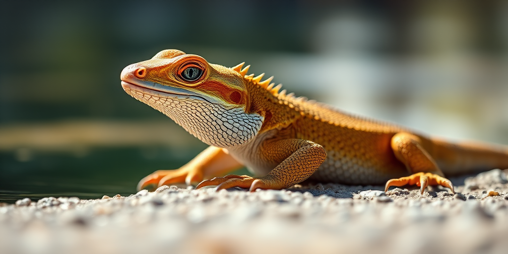 close-up of a bearded dragon resting by a body of water with reflections, natural lighting, 50mm lens, aperture f/2.8, ISO 200, shallow depth of field, DSLR camera, vibrant colors and sharp focus