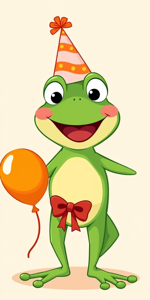 Create a cartoon illustration of a cheerful green frog wearing a party hat and holding an orange balloon in one hand with a light beige background. The frog should have a friendly smile, rosy cheeks, and a red bow tie.