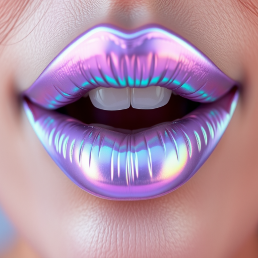 Iridescent holographic lips shifting between lavender and mint green, creating a futuristic and ethereal look that captivates the imagination