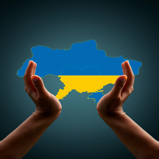 Create a digital illustration of a stylized map of Ukraine in blue and yellow with a heart shape in the center, supported by two hands, focus on high contrast and vibrant colors, use a Canon EOS R5 with 50mm lens, aperture f/1.8, ISO 100, and a soft focus effect for background depth.