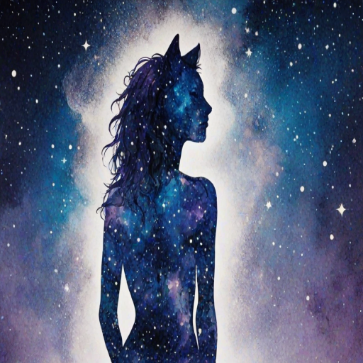 Captivating conceptual render alcohol ink art, double exposure, the paint strokes artfully merge combining a woman's full silhouette with a Sprightly serval's silhouette. The figures are composed of a series of colored dots, lines & spots that evoke the image of a cosmic galaxy, colors are deep shades of blue purple & black with flashes of white & silver representing distant stars. The woman's silhouette is formed within the lion's silhouette from constellations of scattered stars, surreal