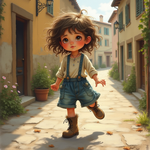 Whimsical little 3-year-old girl wearing scruffy tomboy clothes, boots, messy hair heavily blushed cheeks, pink lips, closely dancing in the street of an Italian village,Textured painterly fantasy artistic mixed media