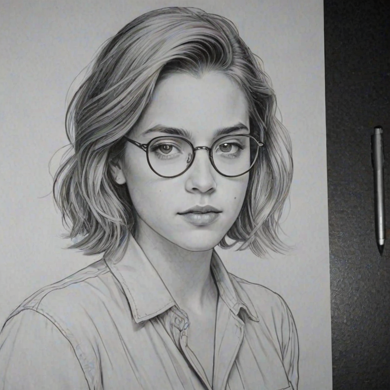 Ravishing Cole Sprouse, pencil sketch, portrait of Charming woman 1934s in glasses, hair style beatnik, outline, clear lines, fine lines, 8k