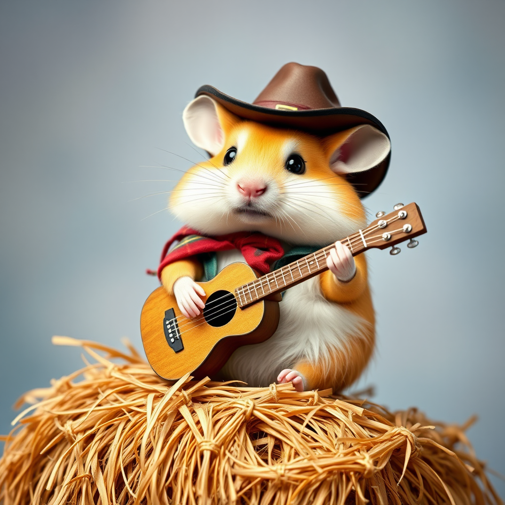 A chibi hamster, dressed as a cowboy, playing guitar, sitting on a hay bale
