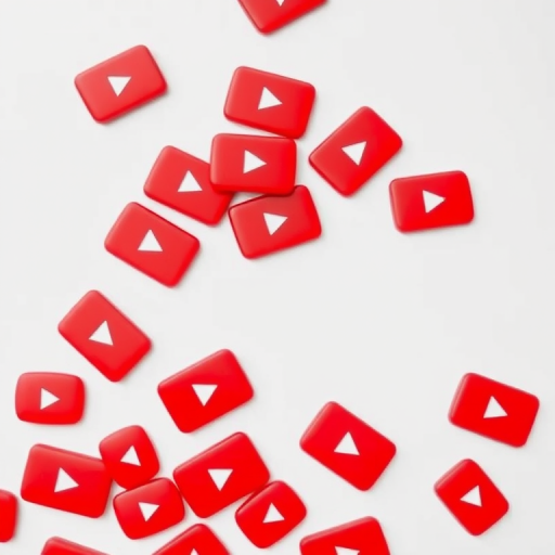 Create a high-resolution image of multiple red YouTube play buttons stacked irregularly on a white background, using a DSLR camera with a 50mm lens, aperture f/2.8, ISO 100, and a soft natural lighting setup from above for a vibrant and clean composition.