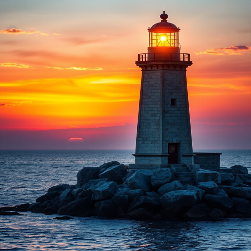 Generate an image of a tall lighthouse perched on a rocky outcrop surrounded by calm ocean waters during a breathtaking sunset. The lighthouse stands sturdy and weathered, its stone surface illuminated by the warm golden light of the setting sun. The sun's rays pass directly through the glass lantern room at the top of the lighthouse, casting a brilliant light across the scene. The sky is painted with vibrant shades of orange, pink, and purple, reflecting off the tranquil sea. The surrounding water shimmers with the same warm hues, creating a serene and majestic atmosphere.