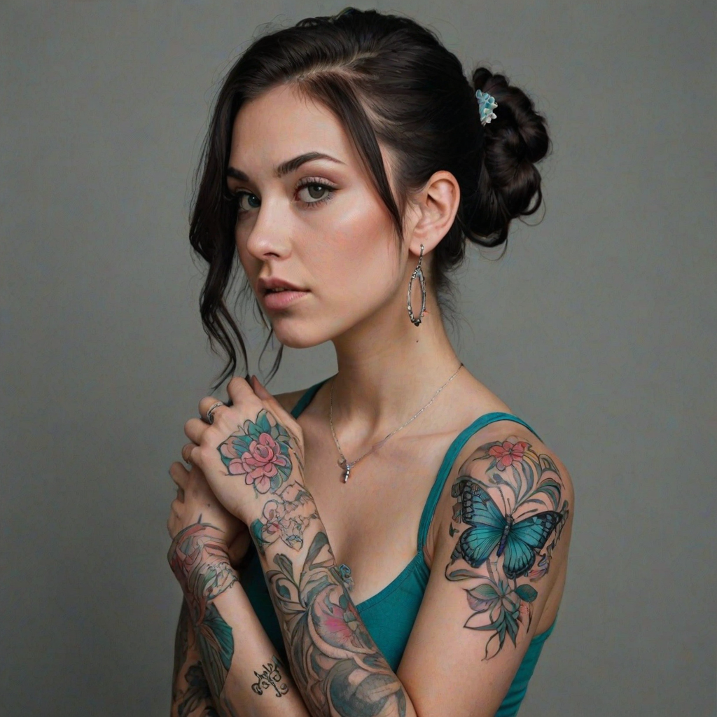A portrait of a young woman with long dark hair tied up in a bun, with pink streaks, and intricate shaved designs. She is wearing a teal tank top and has a large butterfly tattoo across her chest and multiple colorful floral tattoos on her arms. The woman is looking off to the side, slightly tilted, her right arm is crossed over her chest, and her left hand is resting on her upper arm. The lighting is soft and warm, highlighting the details of the tattoos. The background is a simple, dark gray, providing a neutral backdrop for the subject. The photo has a natural, relaxed feel and a slightly artistic, moody atmosphere.  She is wearing several silver rings and bracelets on her arms, and a pair of long silver dangle earrings with red accents.  Her face is slightly shadowed, giving a soft and alluring feel.  The composition is centered on the woman, who is positioned against a dark background, the emphasis is on her tattoos and the subtle expression on her face.