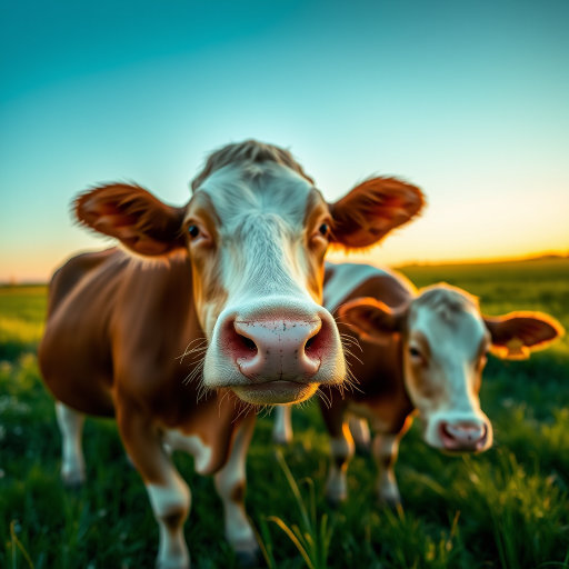 Regenerate an image of two cows in a green pasture during golden hour, using a Canon EOS R5 with a 50mm f/1.8 lens, aperture set to f/2.8, shutter speed 1/200 sec, ISO 100, focus on the cows' faces, capturing a shallow depth of field for a soft background.