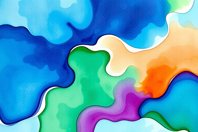 abstract watercolor design with flowing shapes in vibrant blues, greens, purples, and hints of orange, shot with a Canon EOS R5 at f/5.6, ISO 100, 50mm lens, natural light, vertical orientation