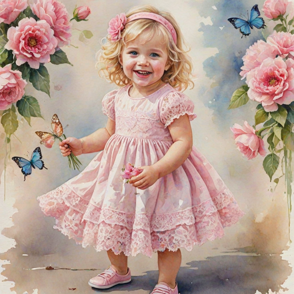 hyperrealism happy smiling toddler girl with messy wavy blonde hair with a headband, she is wearing a pink and white lace dress with pink and white shoes, she is holding a pink bouquet of flowers. Pink flowers and butterflies. summer background. Watercolor Highly detailed