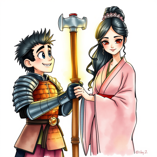 A watercolor and ink-painted, detailed line drawing of a young samurai in armor with black hair, clean-shaven, big eyes, and a large smile, standing next to a beautiful woman in a kimono. Both are holding the shaft of a warhammer together, with the head of the warhammer now adjusted to the proper size. They are the same height and look at each other with affection. The samurai is glowing with a yellowish aura, radiating warmth. The scene has a whimsical, adventurous feel in a Disney-Pixar aesthetic, with soft watercolor tones, intricate ink details, and a magical, cinematic atmosphere