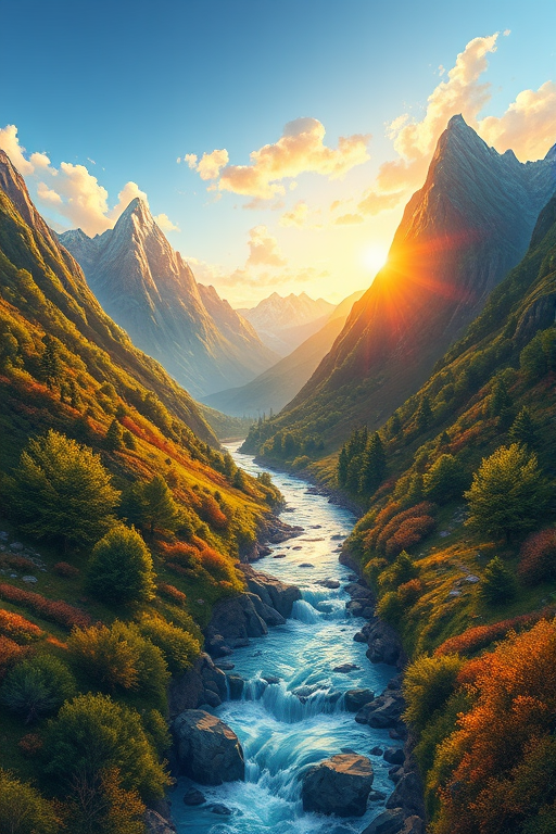 Create a detailed and vibrant illustration of a fantasy landscape featuring lush mountains, a flowing river, and a clear blue sky during golden hour with soft lighting, using a DSLR camera, 50mm lens, f/1.8 aperture, 1/200 shutter speed, and ISO 100 for optimal sharpness and depth of field.