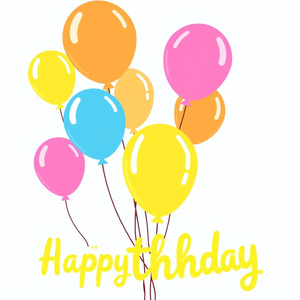 Create a colorful illustration of birthday balloons in various pastel shades including pink yellow blue and orange with a festive text that says happy birthday in playful typography alongside the balloons