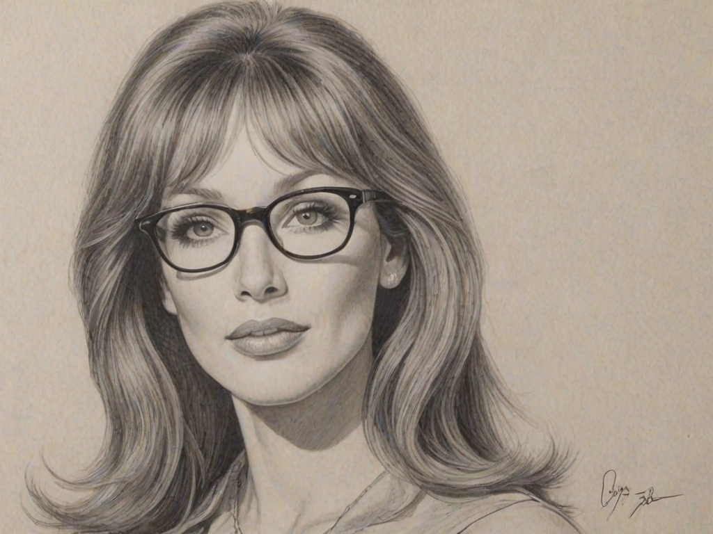 Superb Tanya Roberts, pencil sketch, portrait of Wonderful woman 1955s in glasses, hair style beatnik, outline, clear lines, fine lines, 8k