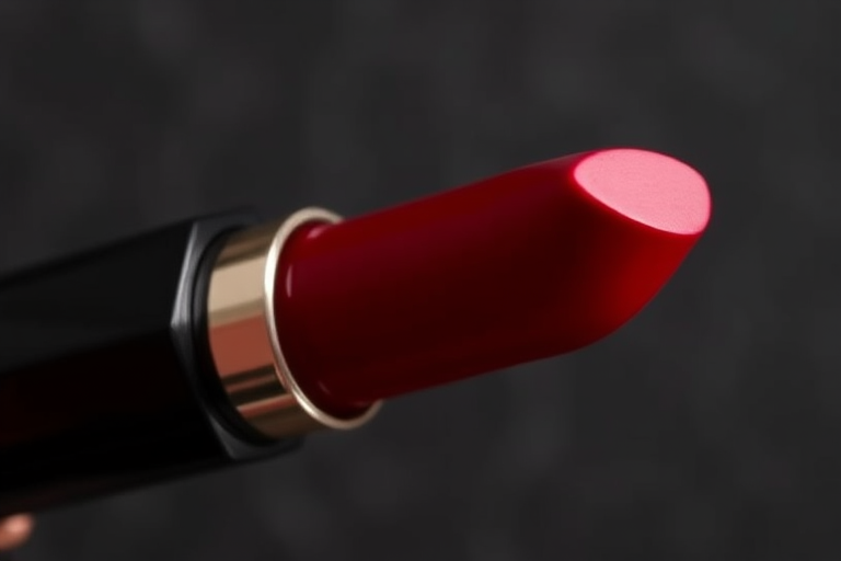 Classic "Ruby Noir" cream lipstick delivering intense color payoff with a satin finish, enriched with moisturizing ingredients for comfortable all-day wear