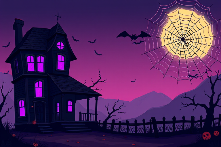 Create a digital illustration of a spooky Halloween scene featuring a haunted house on the left side, with eerie purple lights in the windows and a large, stylized spider web in the top right corner, using a DSLR camera, ISO 100, aperture f/2.8, focal length 50mm, and in a vibrant, cartoonish style.