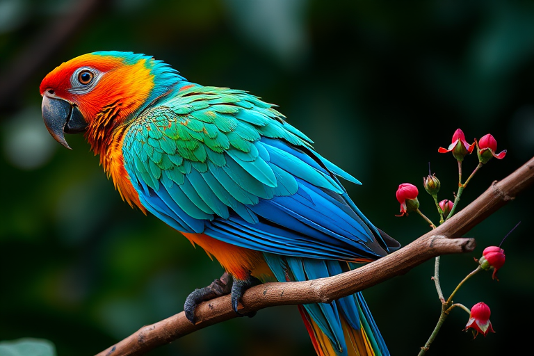 Colorful parrot perched on a branch, vibrant plumage, detailed botanical illustration, natural light, aperture f/2.8, shutter speed 1/200s, ISO 100, macro lens, DSLR camera.