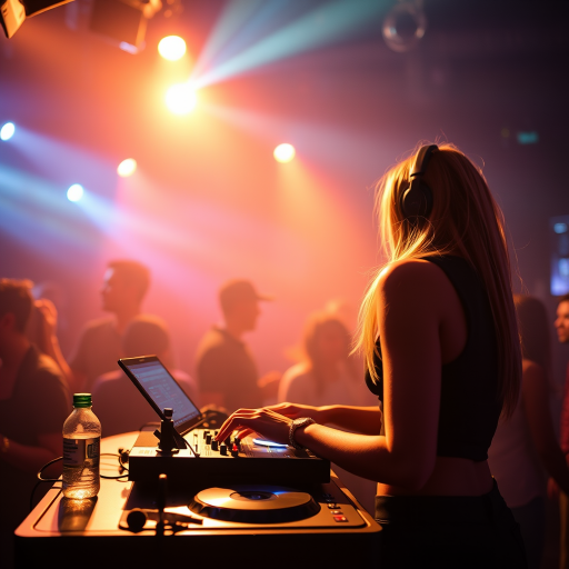Create a vibrant nightclub scene featuring a female DJ in action, using a Canon EOS R5 with a 50mm lens, aperture f/1.8, ISO 400, shutter speed 1/200s, with a shallow depth of field to blur the background and highlight the intensity of the performance, capturing dynamic lighting and an engaged audience.