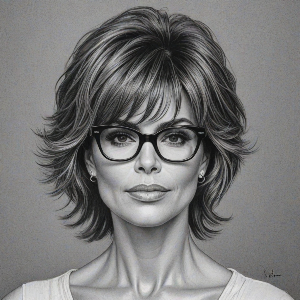 Stunning Lisa Rinna, pencil sketch, portrait of Fascinating woman 1969s in glasses, hair style beatnik, outline, clear lines, fine lines, 8k