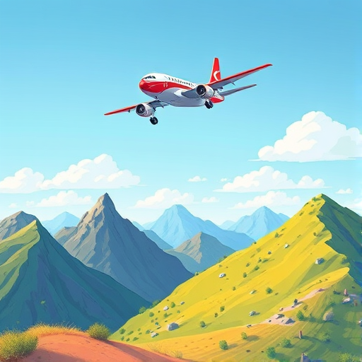 Create a vibrant illustration of a cartoon airplane flying above a simple landscape with mountains, using a wide-angle lens with an aperture of f/8, shutter speed of 1/200s, ISO 100, in a digital painting style with high saturation and contrast.