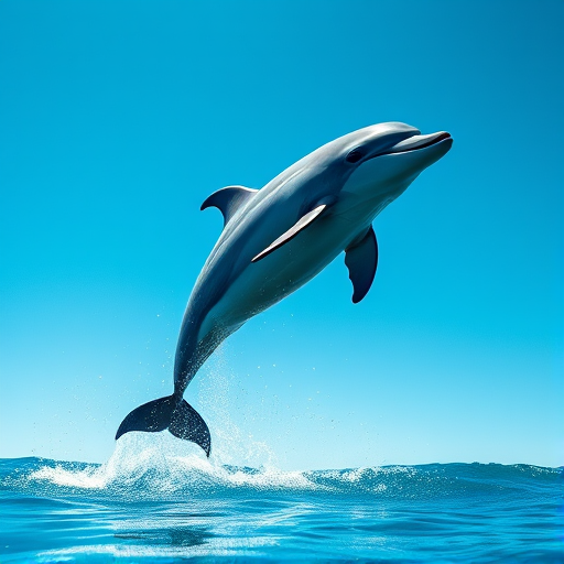 Create a high-resolution image of a dolphin leaping gracefully out of the water, captured with a Canon EOS R5 camera, 50mm lens, f/2.8, ISO 100, at a 1/250 sec shutter speed, from a low angle view to emphasize the dolphin's movement against a bright blue sky.