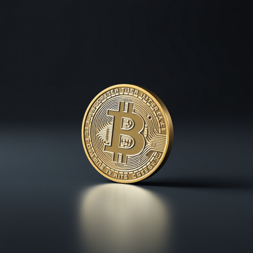 Create a 3D render of a Bitcoin coin with a smooth texture, placed at a 30-degree angle, using a Canon EOS R5 with a 50mm f/1.8 lens, ISO 100, aperture f/8, and soft lighting to enhance shadow details and reflections.
