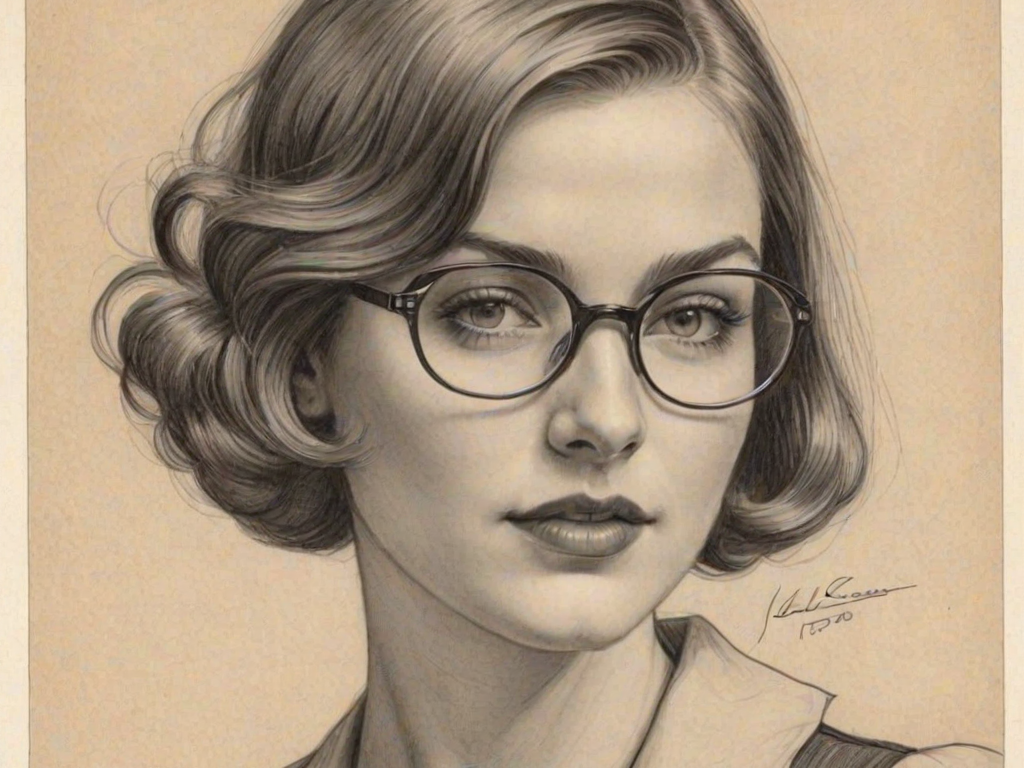 Enticing Leila George, pencil sketch, portrait of Gorgeous woman 1931s in glasses, hair style beatnik, outline, clear lines, fine lines, 8k