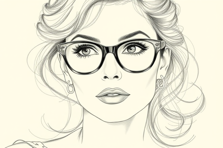 Beautiful Sophia Loren, pencil sketch, portrait of beautiful woman 60s in glasses, hair style beatnik, outline, clear lines, fine lines, 8k