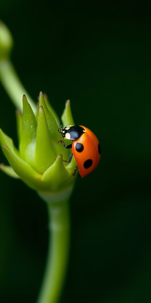 Close-up of a ladybug perched on a green plant, shallow depth of field, 50mm lens, f/2.8 aperture, ISO 200, natural light, macro photography, DSLR camera.