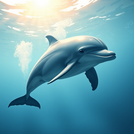 Generate a high-quality illustration of a dolphin swimming underwater, use a DSLR camera with a 50mm lens, aperture set to f/1.8, ISO 100, daytime lighting, focus on vibrant colors and smooth textures.