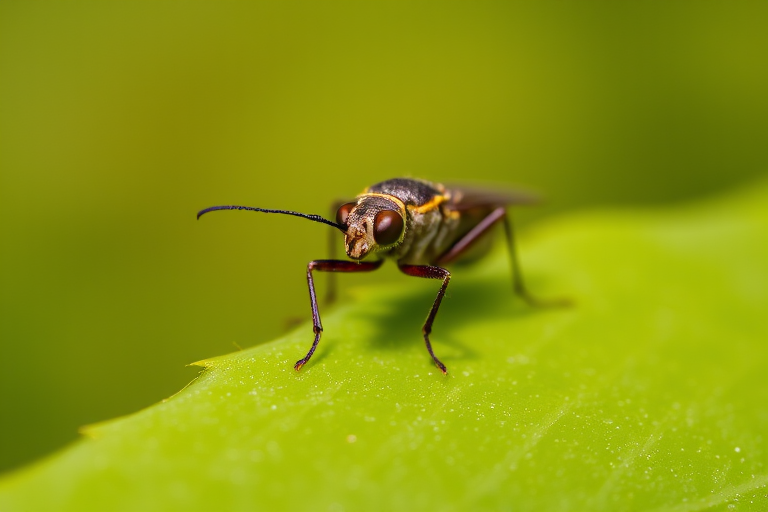 Close-up of a small insect perched on a green leaf, with a blurred natural background, f/2.8 aperture, ISO 100, 1/500s shutter speed, macro lens, shallow depth of field, natural lighting.