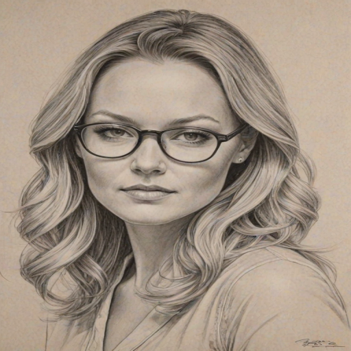 Appealing Becki Newton, pencil sketch, portrait of Alluring woman 1976s in glasses, hair style beatnik, outline, clear lines, fine lines, 8k