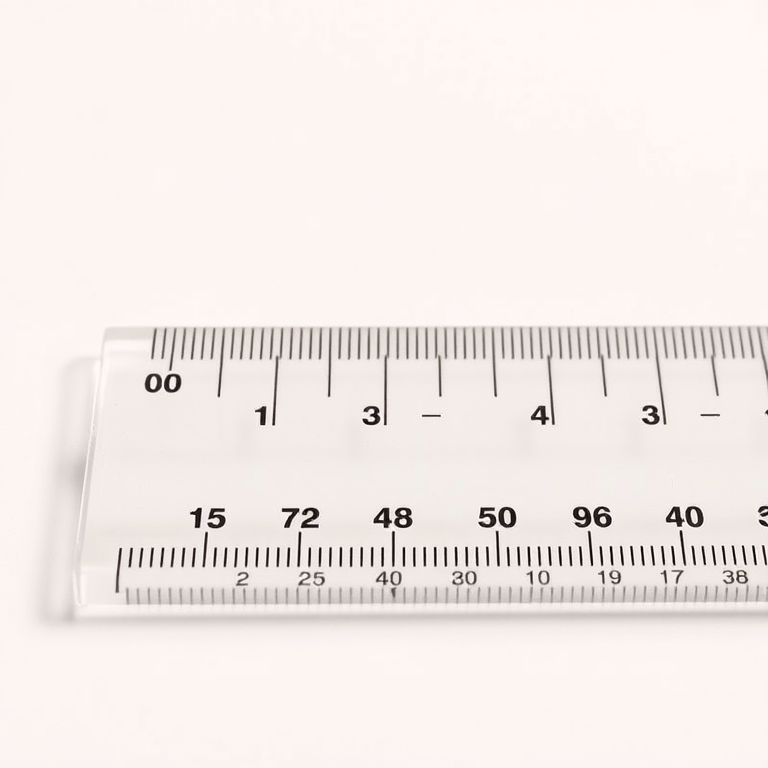 Create a high-resolution image of a transparent ruler with clear markings on a neutral background, using a DSLR camera with a 50mm lens, aperture set to f/2.8, ISO 100, and a shallow depth of field to enhance focus on the ruler while softly blurring the background.