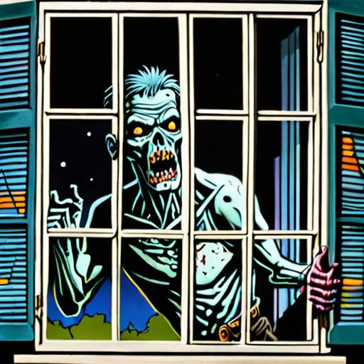 a zombie climbing through an open window at night, acryllic style