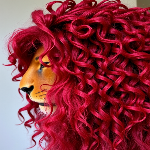 Fierce burgundy lion's mane dubbed "Crimson Mane" boasting voluminous, wild curls with deep red undertones and subtle golden highlights throughout