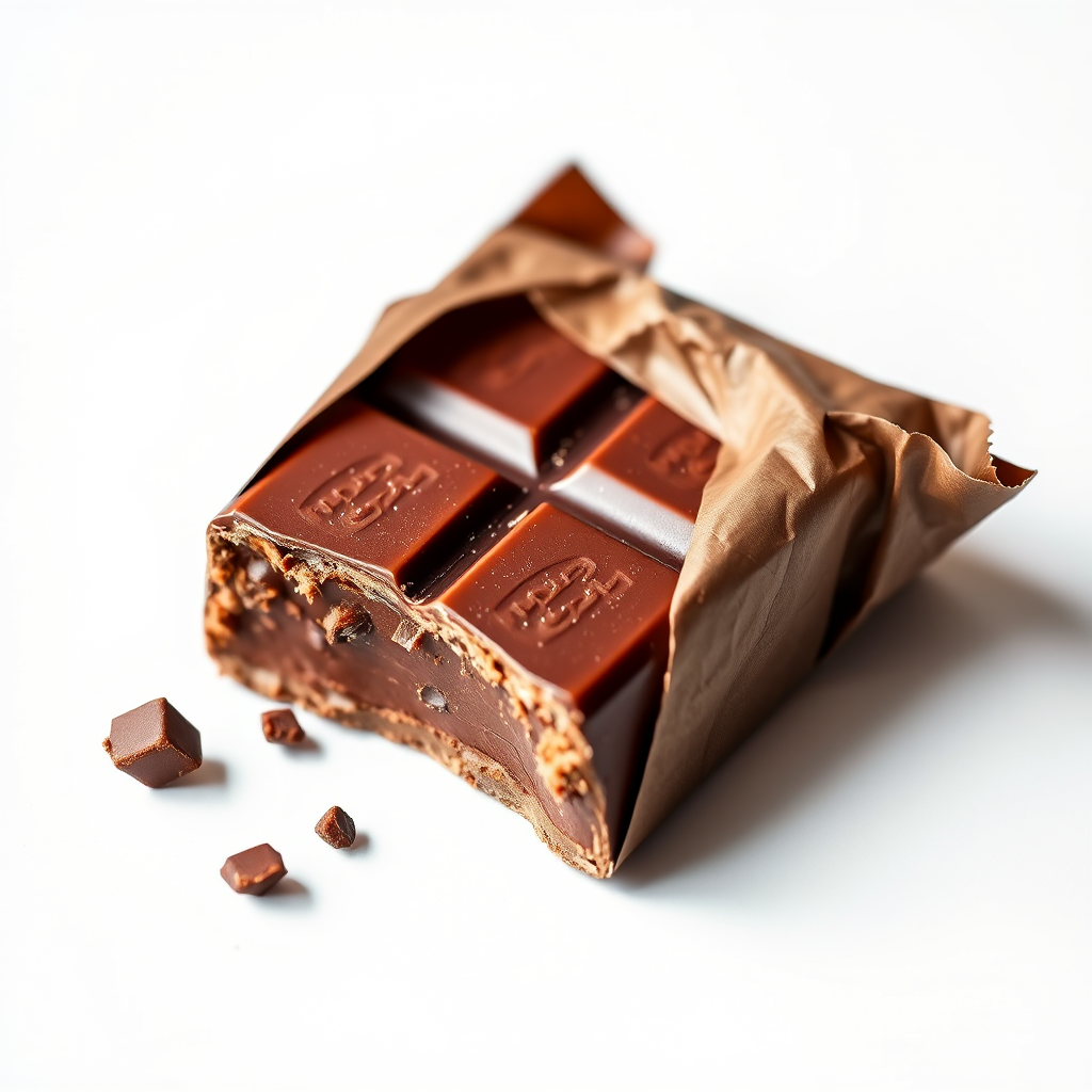 Create a high-resolution image of a partially bitten chocolate bar with a wrapper peeled back on a white background, using a DSLR camera with a 50mm lens, aperture f/2.8, ISO 100, and natural lighting to enhance details and textures.
