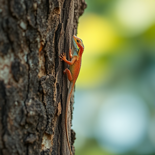 photograph a lizard climbing a textured tree trunk, using a Canon EOS 5D Mark IV, 85mm lens, aperture f/4, shutter speed 1/200s, ISO 200, soft focus background with vibrant colors and natural lighting, shallow depth of field