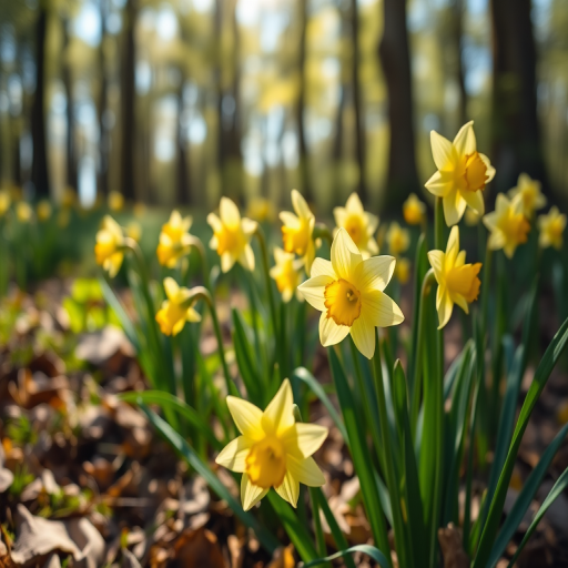 floral scene of blooming daffodils in a sunlit forest setting, captured with a DSLR camera at f/2.8 aperture, 1/200 sec shutter speed, ISO 100, with a shallow depth of field to enhance background blur, taken from eye level for a natural perspective