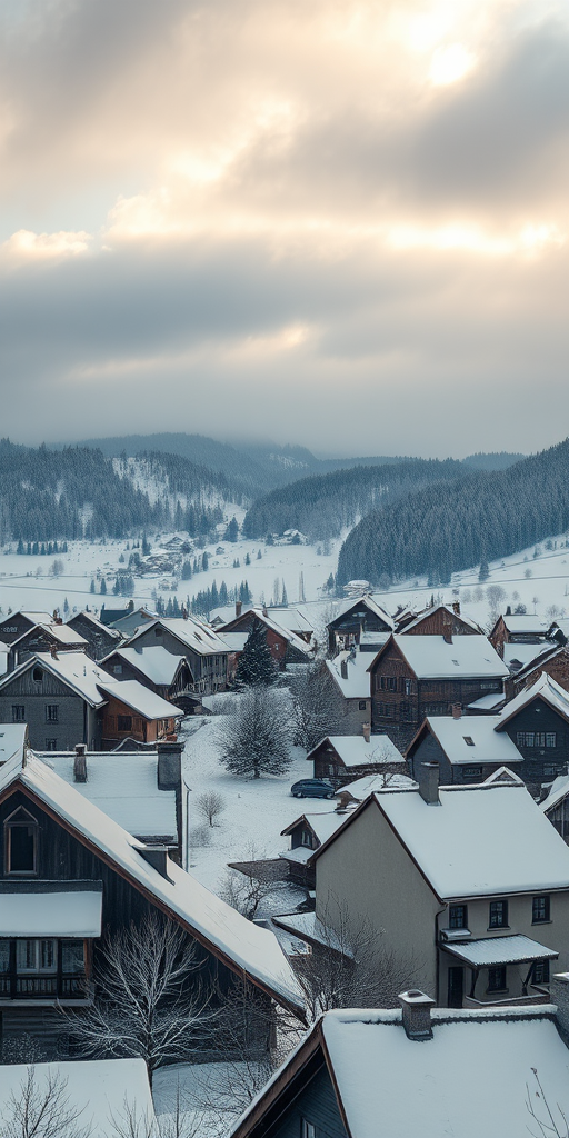 a picturesque snowy village landscape with rooftops blanketed in snow under a cloudy sky, captured with a Canon EOS R5, 24mm lens, f/8, shutter speed 1/200 sec, ISO 100, shot from a high vantage point for depth and clarity