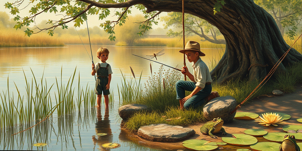 Imagine a small group of old fashioned young boys out fishing by the creek, a swing hanging from a tree branch, reeds and grasses by the water's edge, a frog sitting on a lily pad, dragonflies hovering over som water plans, a very iconic old fashioned scene reminiscent of a Norman Rockwell painting style