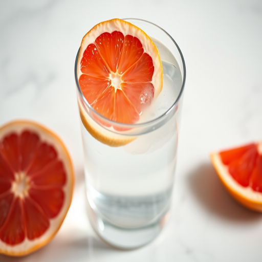 A clear glass of water with a slice of grapefruit on the rim, soft lighting for a refreshing look, shot from a slight overhead angle, using a 50mm lens at f/2.8 to create a shallow depth of field, ISO 100, and a shutter speed of 1/125 sec for crisp details and vibrant colors.