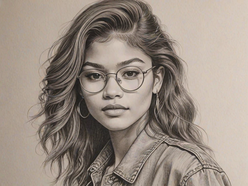 Stunning Zendaya, pencil sketch, portrait of Comely woman 1980s in glasses, hair style beatnik, outline, clear lines, fine lines, 8k