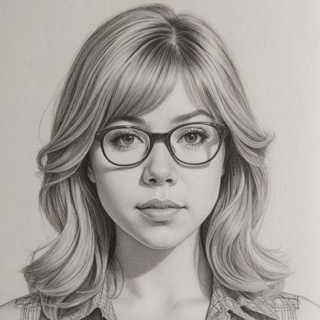 Sublime Jennette McCurdy, pencil sketch, portrait of Magnificent woman 1977s in glasses, hair style beatnik, outline, clear lines, fine lines, 8k