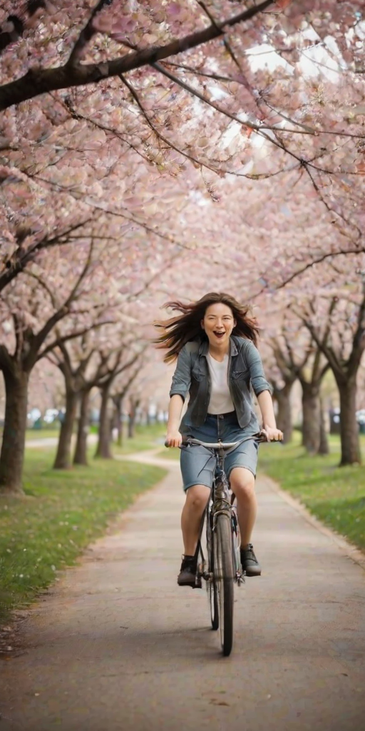 Blurry action shot of a woman riding a bicycle through a scenic park, her hair blowing in the wind, with blooming cherry blossom trees lining the path in soft focus.
