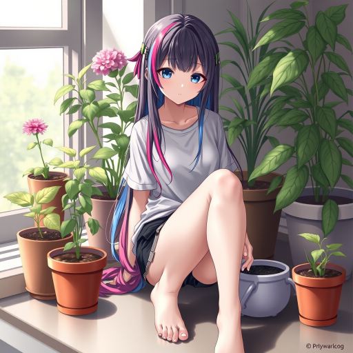 masterpiece, newest, Highly detailed, 1girl, slender, innocent, sitting, arms at sides, long hair, opaque pantyhose, no shoes, colorful hair, multicolored hair,  casual clothes, realistic, long legs, potted plants, ripped pantyhose