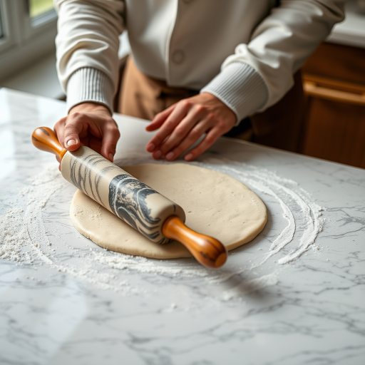 Create a high-resolution image of a person rolling out dough with a marble rolling pin on a marble countertop, captured using a Canon EOS R5 with a 50mm f/1.2 lens, aperture set to f/2.8, shutter speed of 1/100 sec, and natural lighting to enhance the texture and details of the scene.