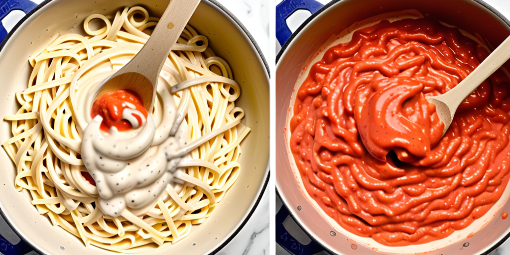 mixing alfredo sauce with tomato sauce