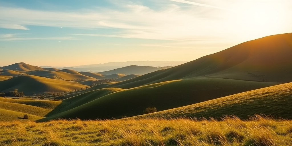 High-resolution image of a serene landscape with rolling hills and a clear blue sky taken with a Canon EOS R5, 50mm lens, f/8 aperture, ISO 100, 1/200 sec shutter speed, wide-angle view, natural lighting, taken during golden hour for enhanced warmth and clarity.